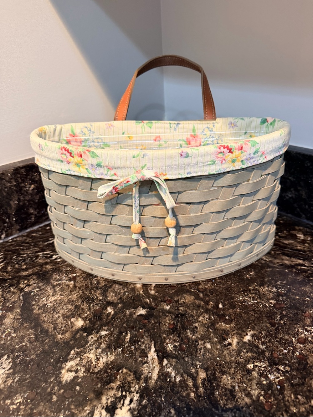 Longaberger Wall Pocket Green Basket with Floral fabric and plastic liners